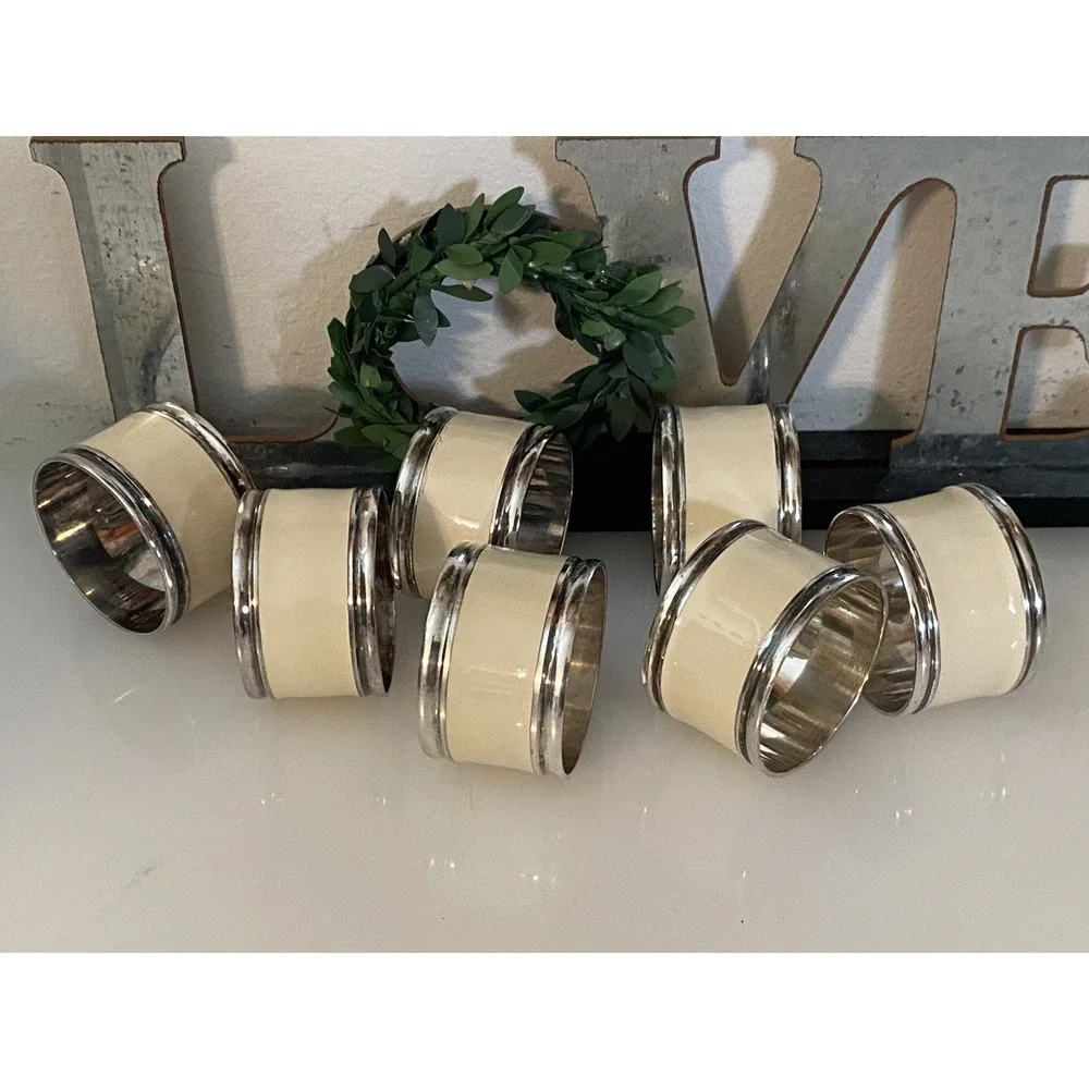 Vintage Set Of‎ 7 Silver Plated And Beige Enamel Napkin Rings Great Quality MCM